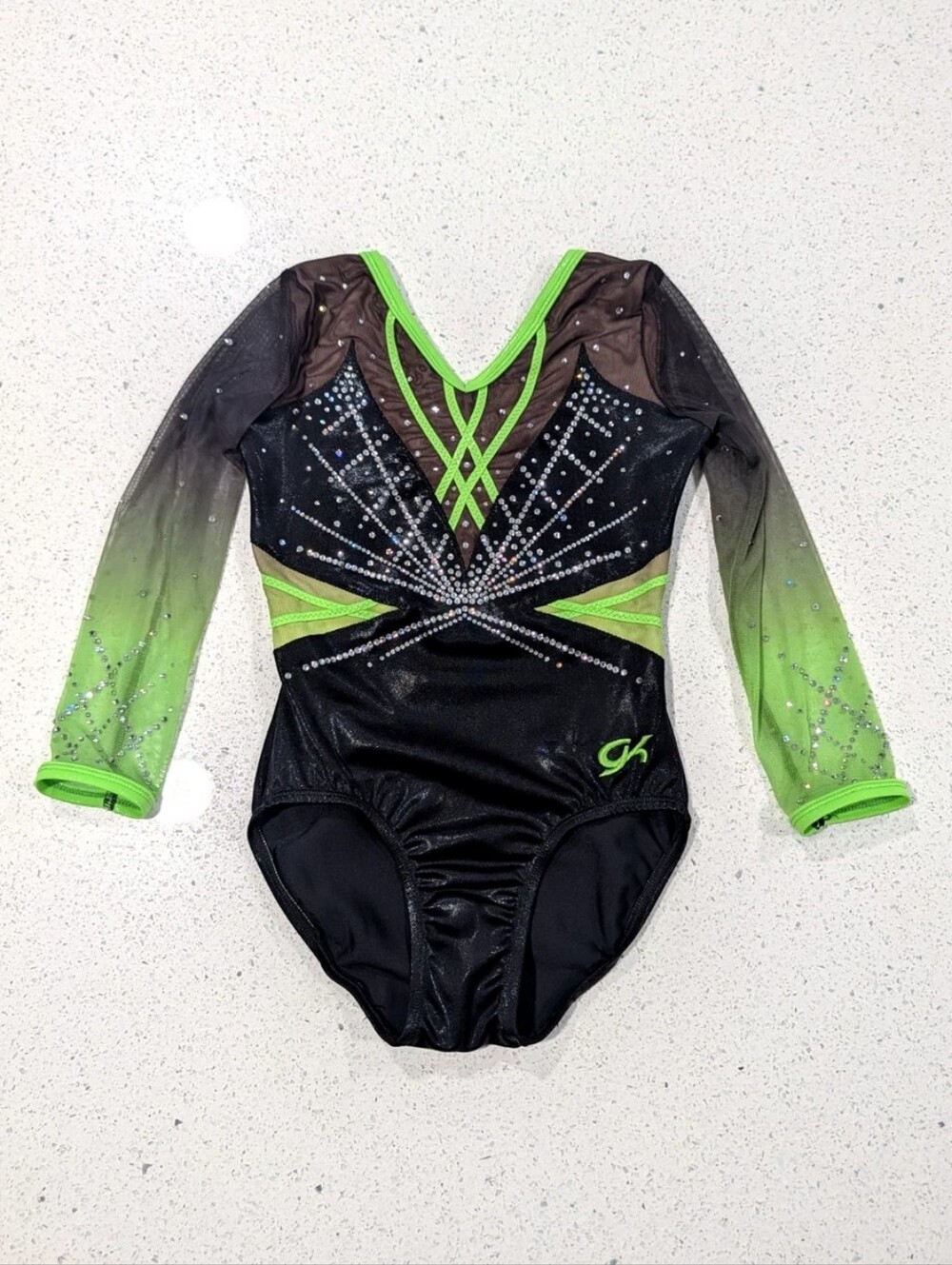 COMPETITION GK Elite Large Gymnastics Dance Leotard Neon Green 3/4 slv SWAROVSKI